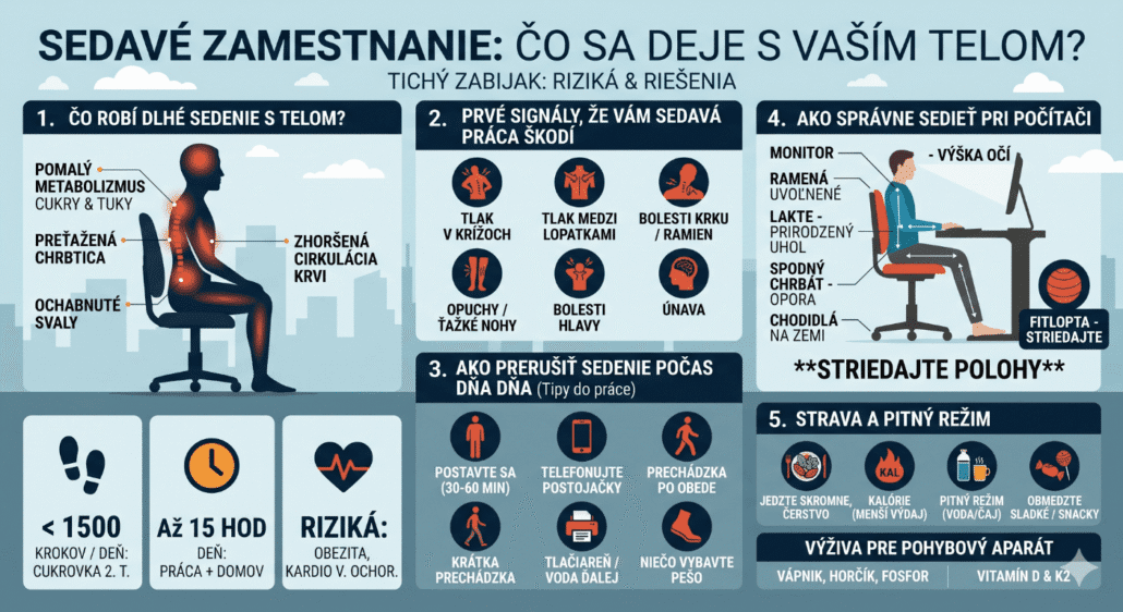 Infografika zobrazuje sedave zamestnanie, čo sa deje s telom, kde človek dlho sedí a ako správne sedieť za počítačom.
