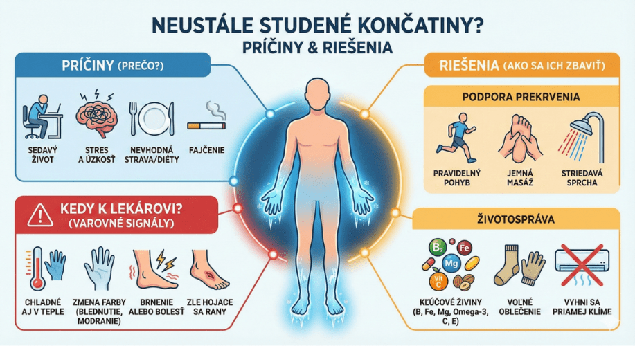 Infografika zobrazujúca príčiny studených končatín (stres, sedavý život) a spôsoby ako sa ich zbaviť (pohyb, vitamíny, masáž).