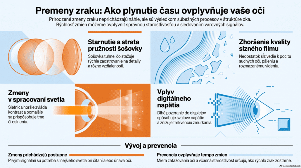 Infografika: Premeny zraku s vekom a hlavné faktory ovplyvňujúce zdravie očí. Zobrazuje stratu pružnosti šošovky, zhoršenie slzného filmu, spracovanie svetla a vplyv digitálneho napätia.