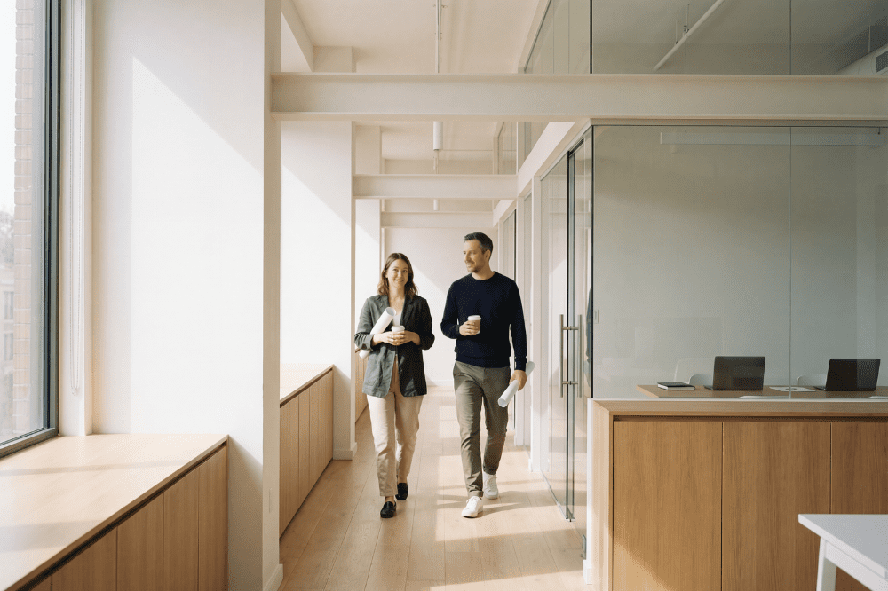 Po kancelárii sa prechádzajú dvaja zamestnanci s kávou, pretože potrebujú občasný pohyb kvôli sedavému zamestnaniu.
