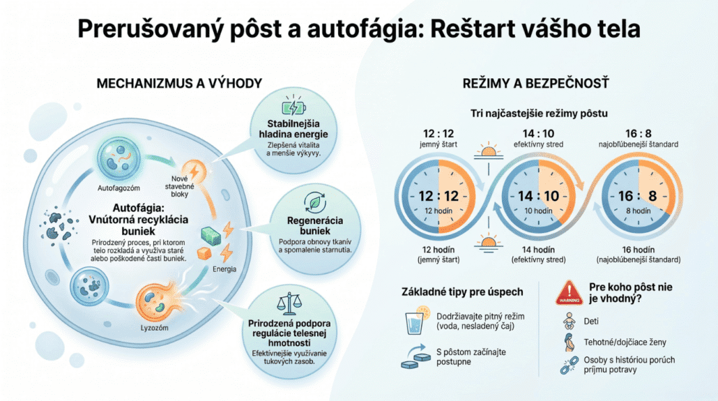 Komplexná infografika o prerušovanom pôste a autofágii. Zobrazuje mechanizmus recyklácie buniek, výhody pre energiu a hmotnosť, režimy 12:12, 14:10, 16:8 a kontraindikácie.