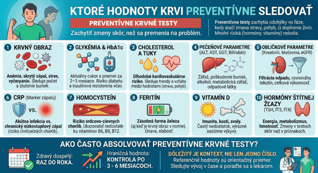 Infografika zobrazuje, ktoré hodnoty by sme preventívne mali sledovať v krvi a chodiť na preventívne krvné testy aspoň raz do roka.