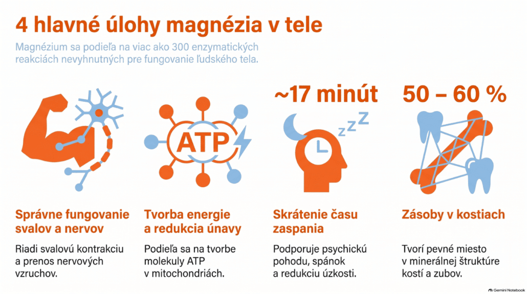 Infografika štyroch hlavných úloh magnézia v tele: fungovanie svalov a nervov, tvorba energie a zníženie únavy, súvislosť so spánkom a význam pre kosti a zuby.