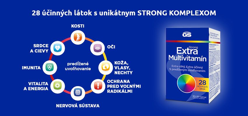 GS Extra Strong Multivitamín s 28 účinnými látkami a Strong komplexom pre imunitu, energiu, kosti, srdce, oči, nervovú sústavu, kožu, vlasy a nechty.
