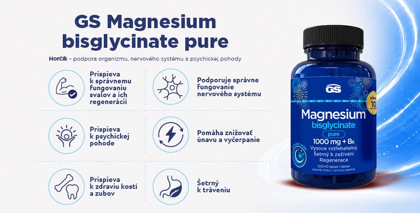 GS Magnesium bisglycinate PURE 1000mg + B6, 100 tabliet, darcekove balenie - vyhody