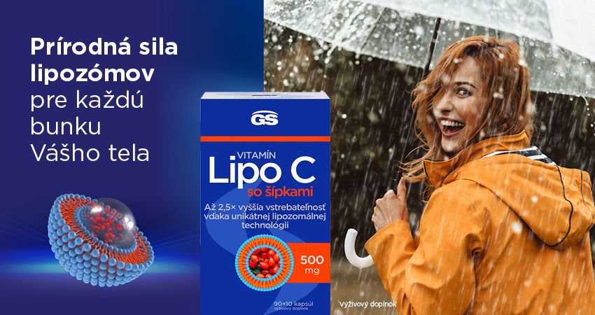 Banner zobrazuje GS Vitamín Lipo C 500 so šípkami a ženu, ktorá má dáždnik a usmieva sa.