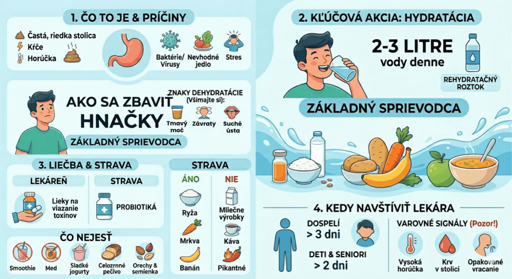 Infografika zobrazuje jednotlivé informácie o hnačke, čo ju spôsobuje, čo robiť a kedy navštíviť lekára.