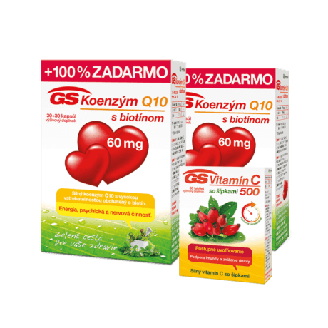 GS Koenzým Q10, 60mg s biotínom, 2 x 60 kapsúl + GS Vitamín C 500 so šípkami, 30 tabliet