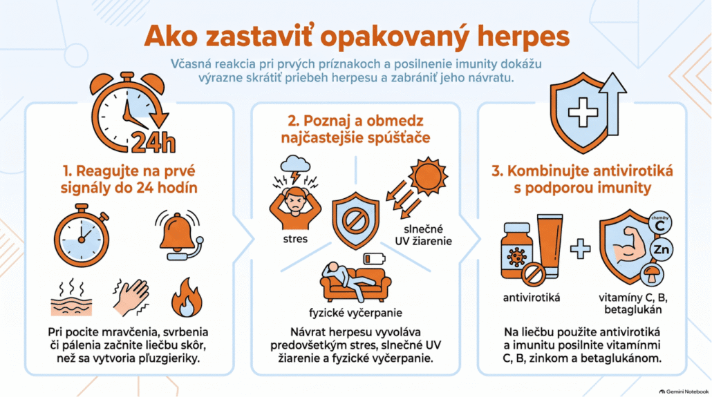 Infografika s tromi krokmi, ako predchádzať opakovanému herpesu na perách: včasná antivirotická liečba, obmedzenie spúšťačov a podpora imunity vitamínmi a zinkom.