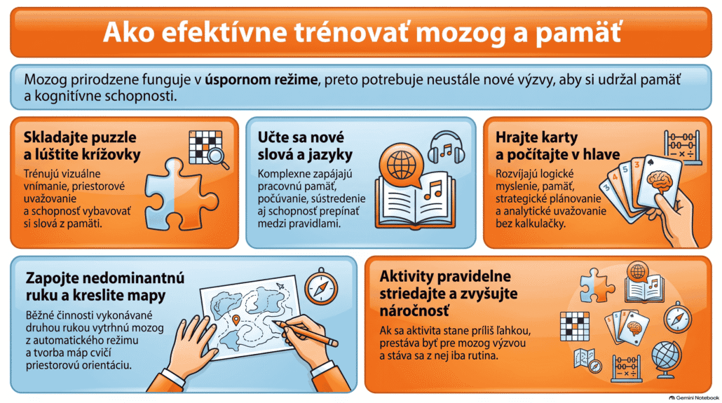 Infografika s tipmi na tréning mozgu a pamäte: puzzle, krížovky, učenie jazykov, karty, počítanie v hlave, používanie nedominantnej ruky a kreslenie máp.