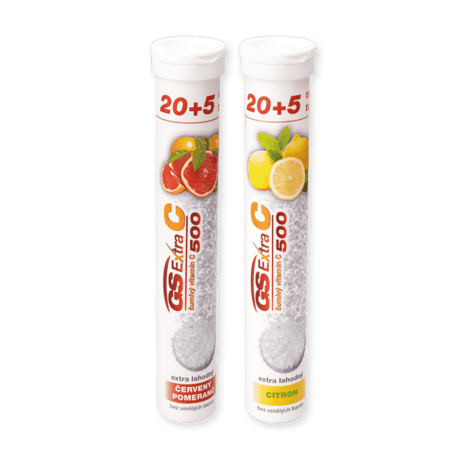 GS Extra C 500 šumivý - citrón, 25 tabliet + GS Extra C 500 šumivý - červený pomaranč, 25 tabliet
