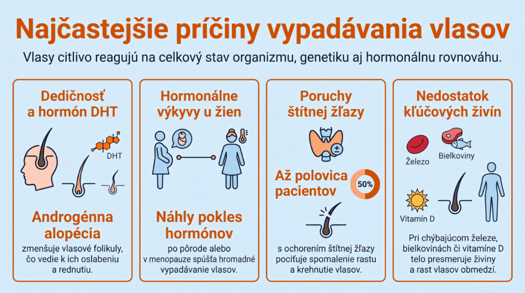Infografika zobrazená na obrázku vysvetľuje 4 hlavné príčiny vypadávania vlasov: androgénnu alopéciu spojenú s hormónom DHT, hormonálne výkyvy u žien (pôrod, menopauza), poruchy štítnej žľazy a nedostatok živín ako železo, bielkoviny a vitamín D.