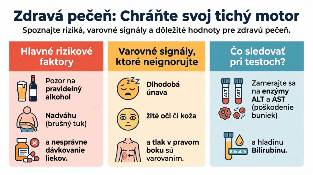 Infografika o zdraví pečene, ktorá rozoberá rizikové faktory, varovné príznaky a dôležité hodnoty krvných testov.