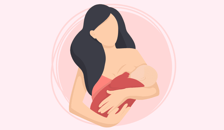 Ilustrácia - dojčenie. Dojčiaca žena s dieťaťom v rukách.