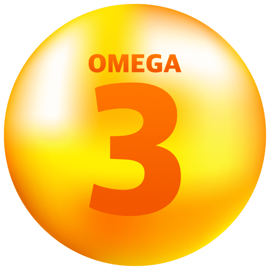 Omega-3 nenasycené mastné kyseliny. Nápis Omega 3 v krúžku.  